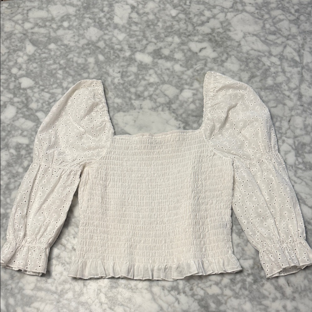Elegant White Smocked Blouse with Eyelet Detail